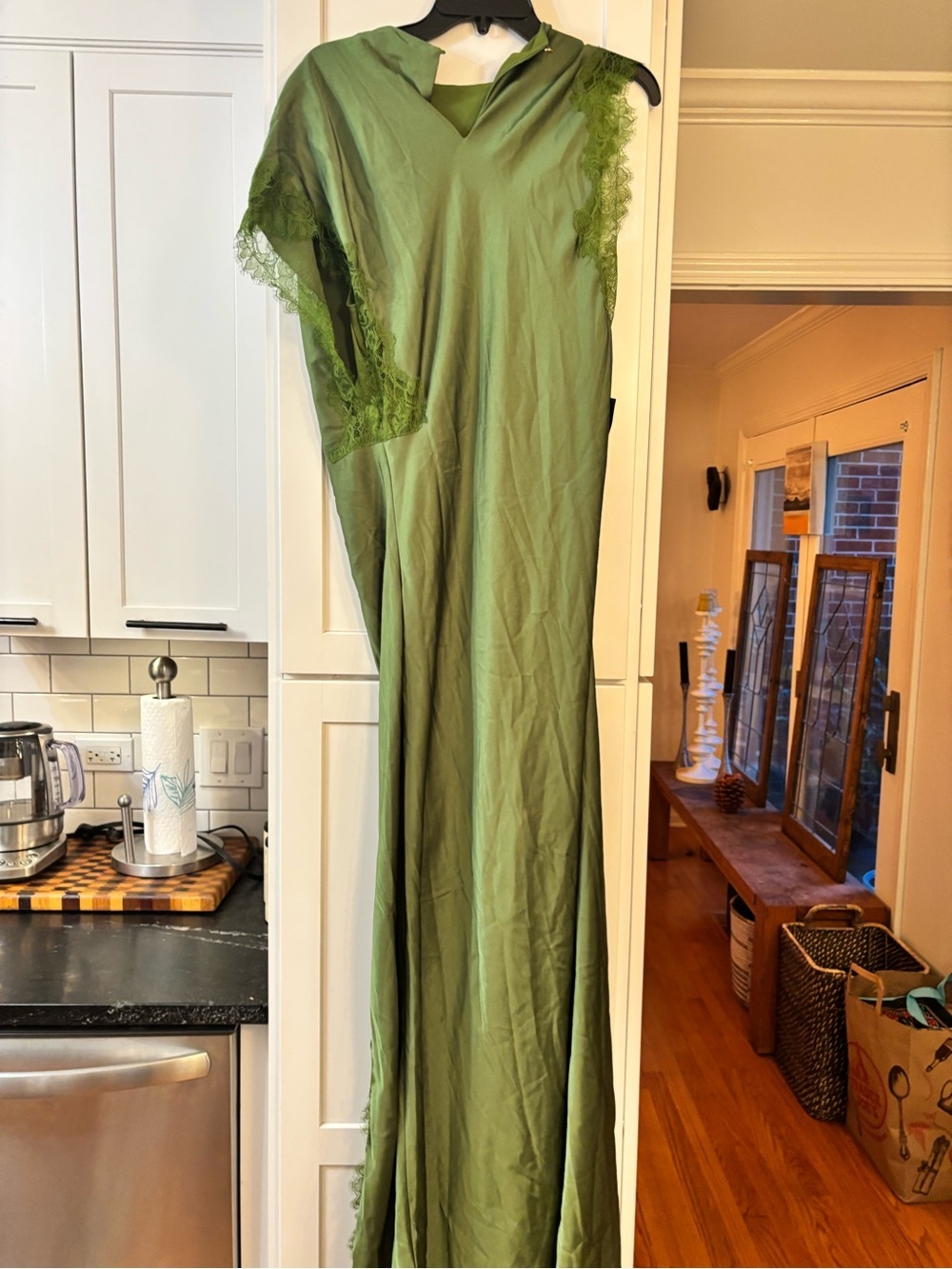 new Ever New Kody Satin Lace Asymmetric Dress maxi gown in olive green - Picture 10 of 12